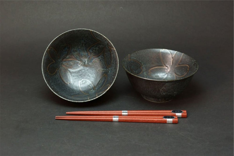 YAEZAKURA Black 2 Bowl Set w/ Chopsticks AHG-72