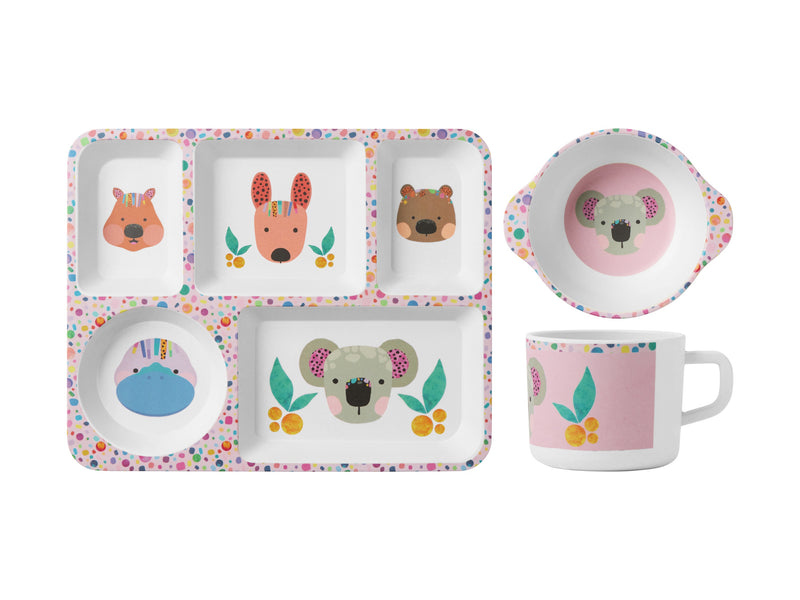 Kasey Rainbow Critters Childrens Melamine 3pc Dinner Set Pink Gift Boxed LE0021 RRP $29.95